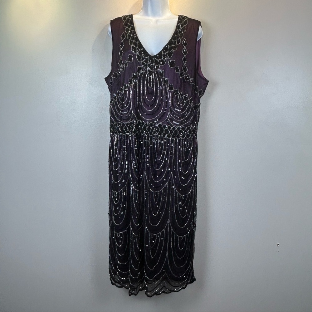 Ashro Formal Dress Beaded Sequined‎ Satin With Overlay Gatsby Plum Black